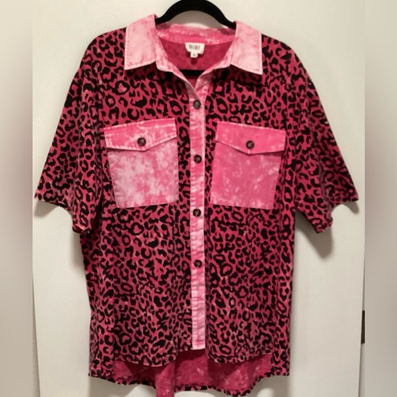 BiBi Pink Leopard Print Button-Up Shirt - Picture 5 of 6